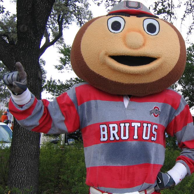 Brutus Buckeye posing before the 2006 Ohio State football game against Texas in Austin
