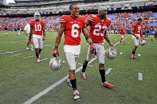 Ohio State wide receiver Evan Spencer walking off the field after the 2014 game against Navy
