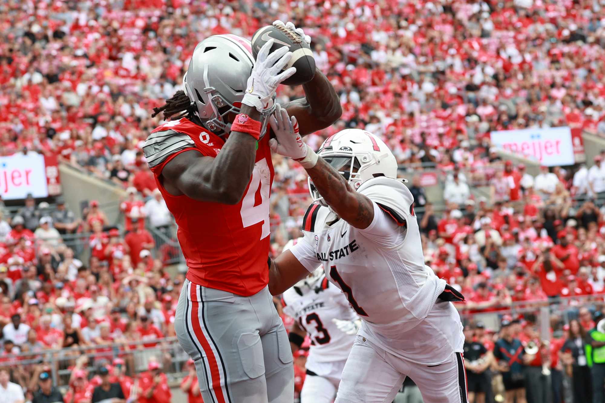 Ohio State wide receiver Jeremiah Smith catches a touchdown pass against Ball State in 2026