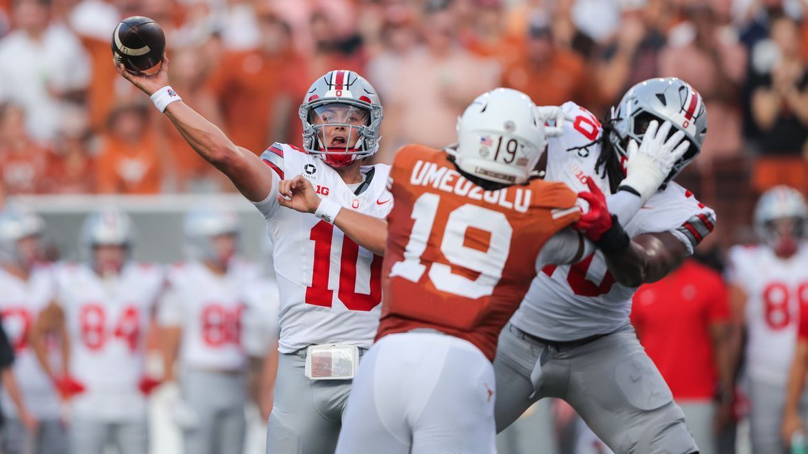 Ohio State quarterback Julian Sayin throws against Texas in Austin on September 12, 2026