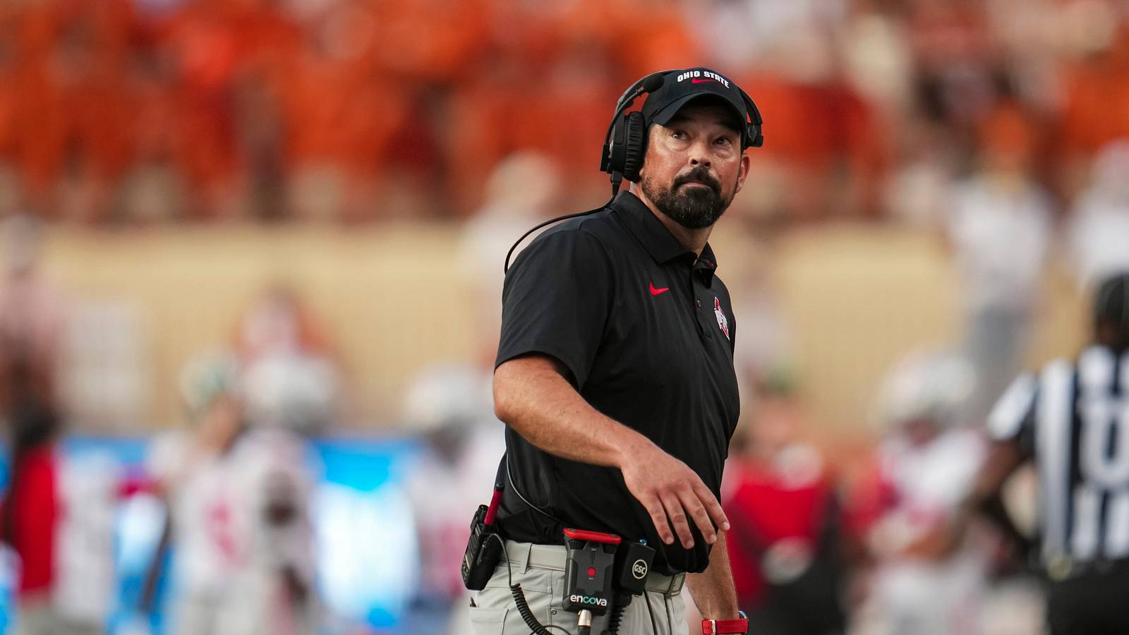 Ohio State head coach Ryan Day looks toward the scoreboard during the 2026 game against Texas in Austin