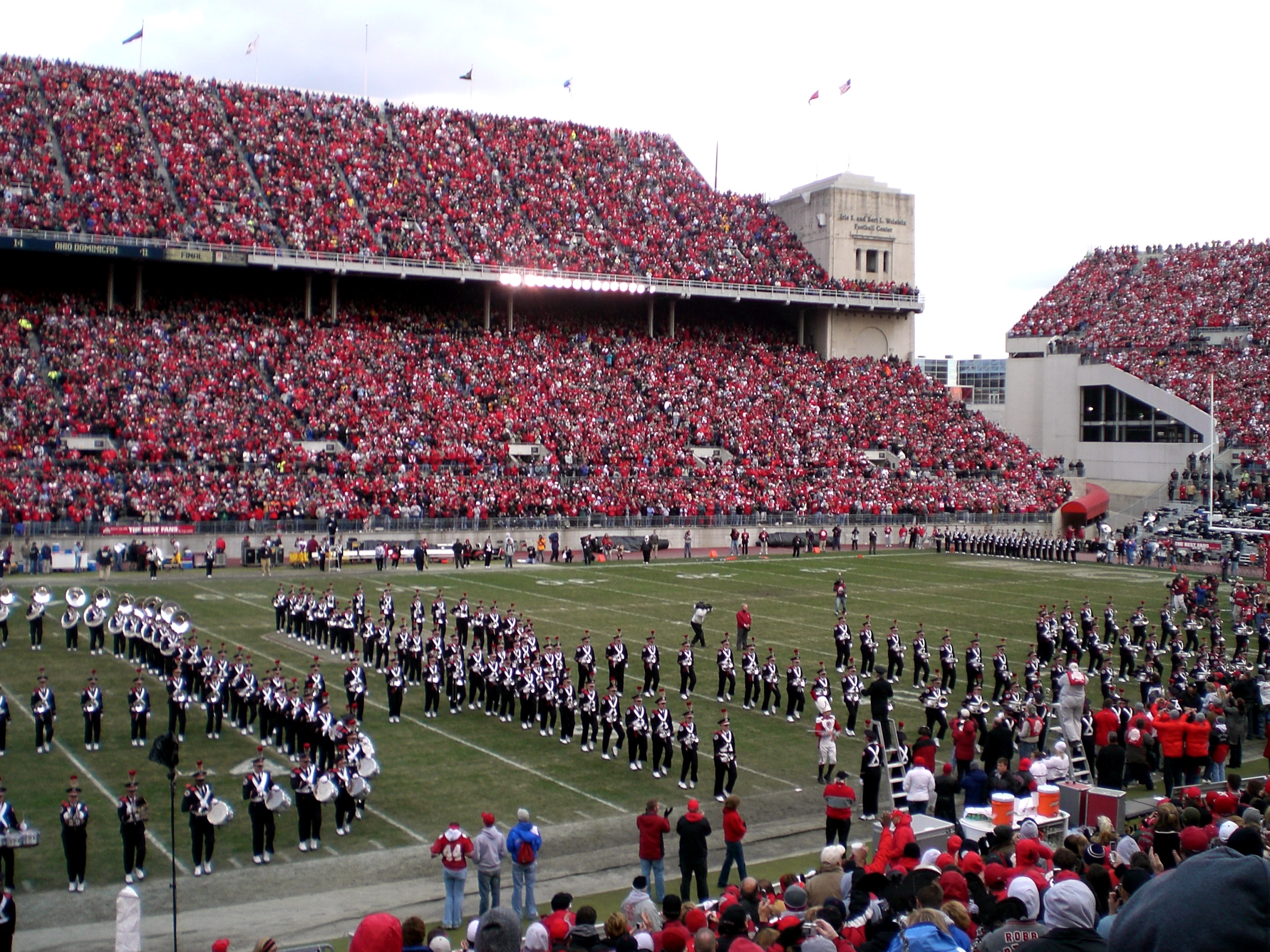Ohio State marching band performing Script Ohio
